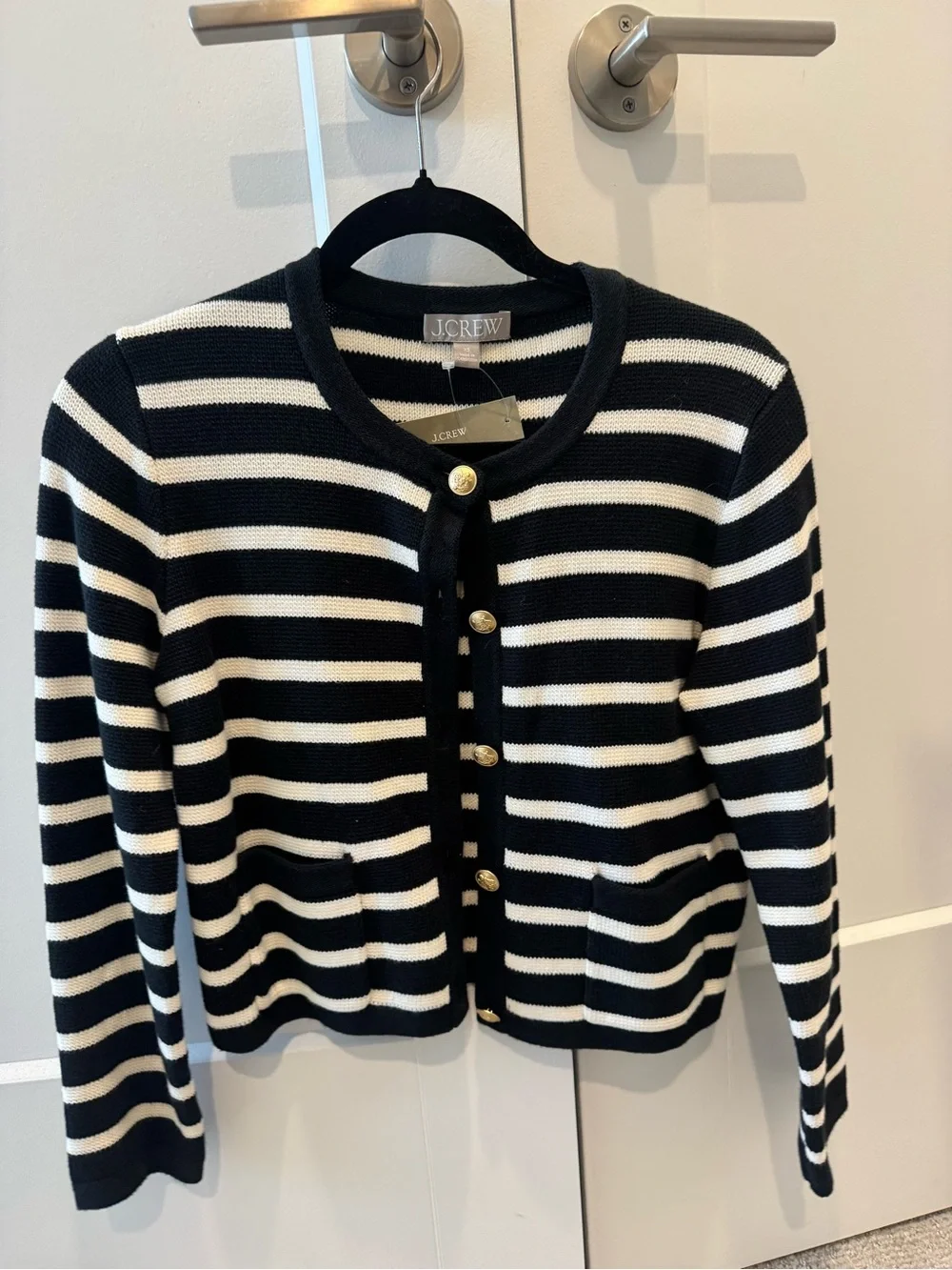 J. Crew Women’s Lady Jacket Black and White Striped with Gold Buttons